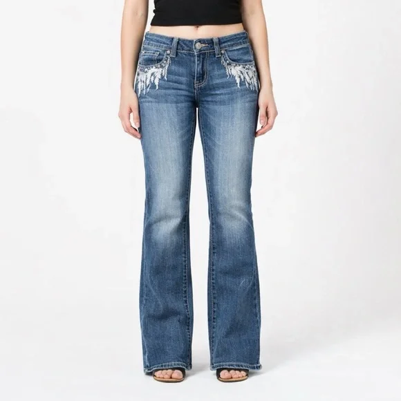 Miss Me Signature Bootcut Jeans 34 Embroidered Feather Mid Rise Stretch Y2K - Picture 3 of 9